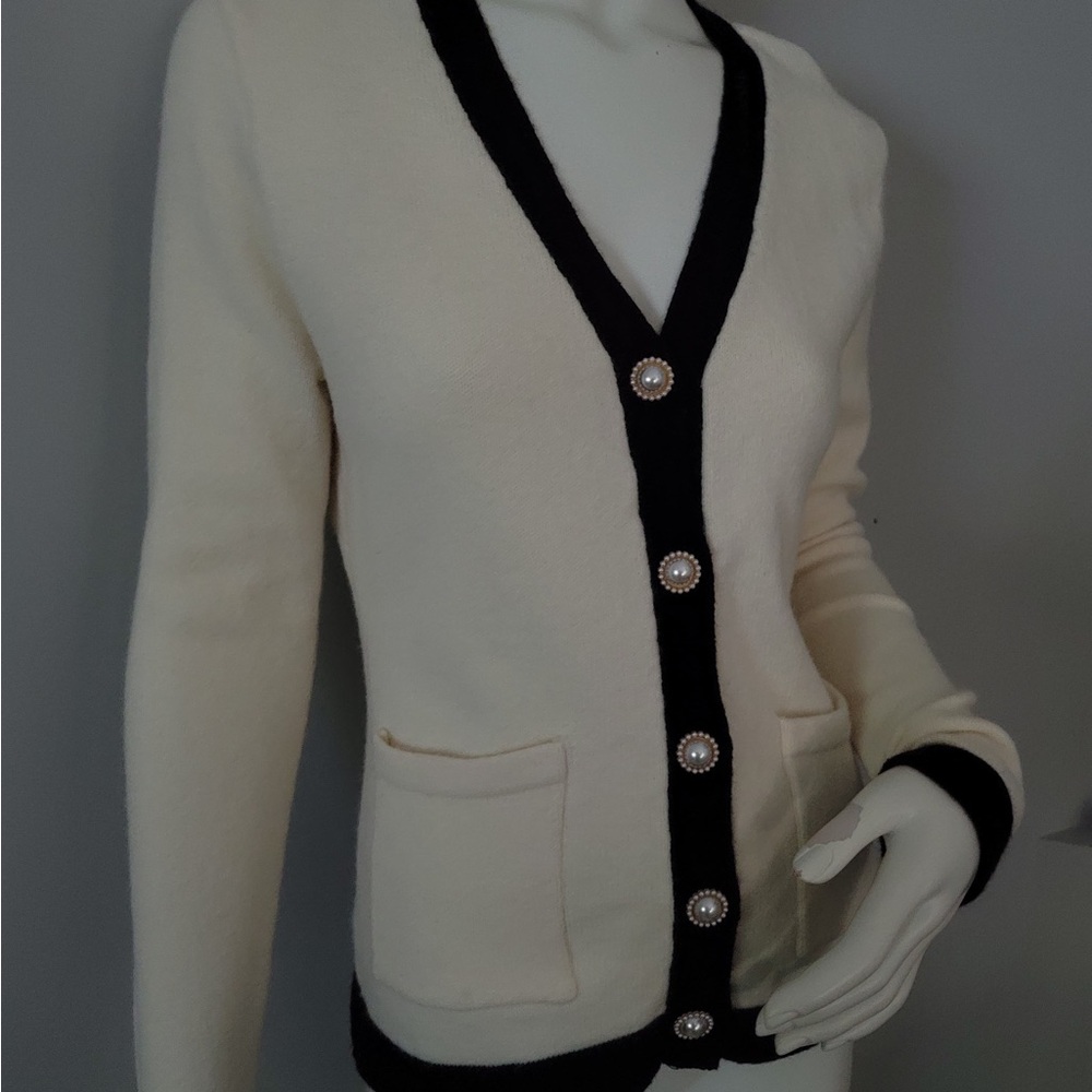 Cream and Black Knit Cardigan Sweater with Pearl Buttons